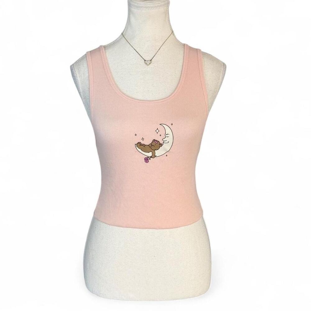 Baby Pink casual Pal Sun tank top with cute moon and bear graphic, size S
